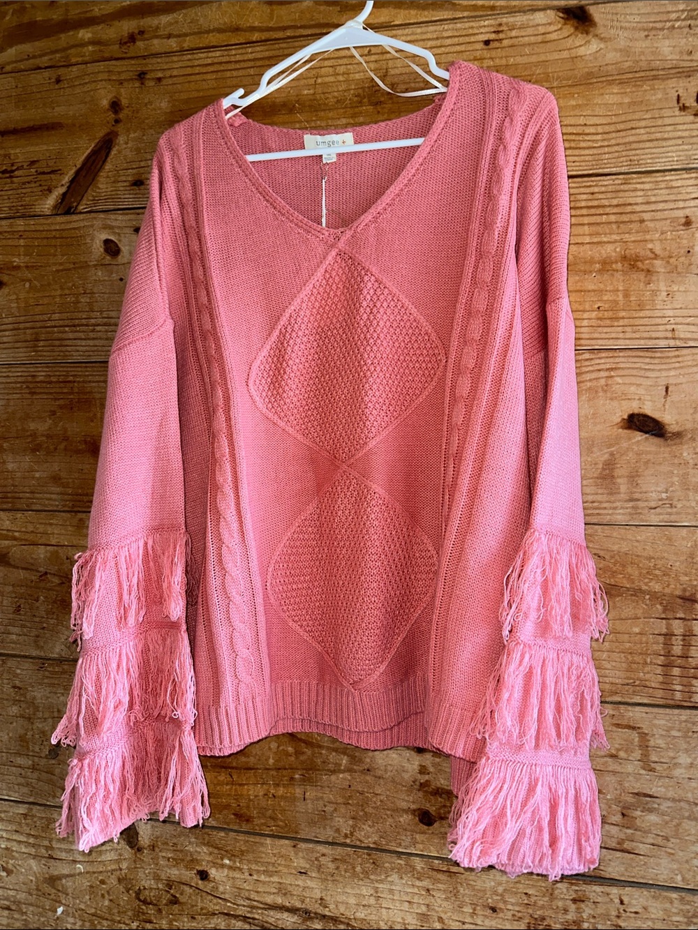 Umgee Pink Cable Knit V-Neck Sweater with Fringed Bell Sleeves